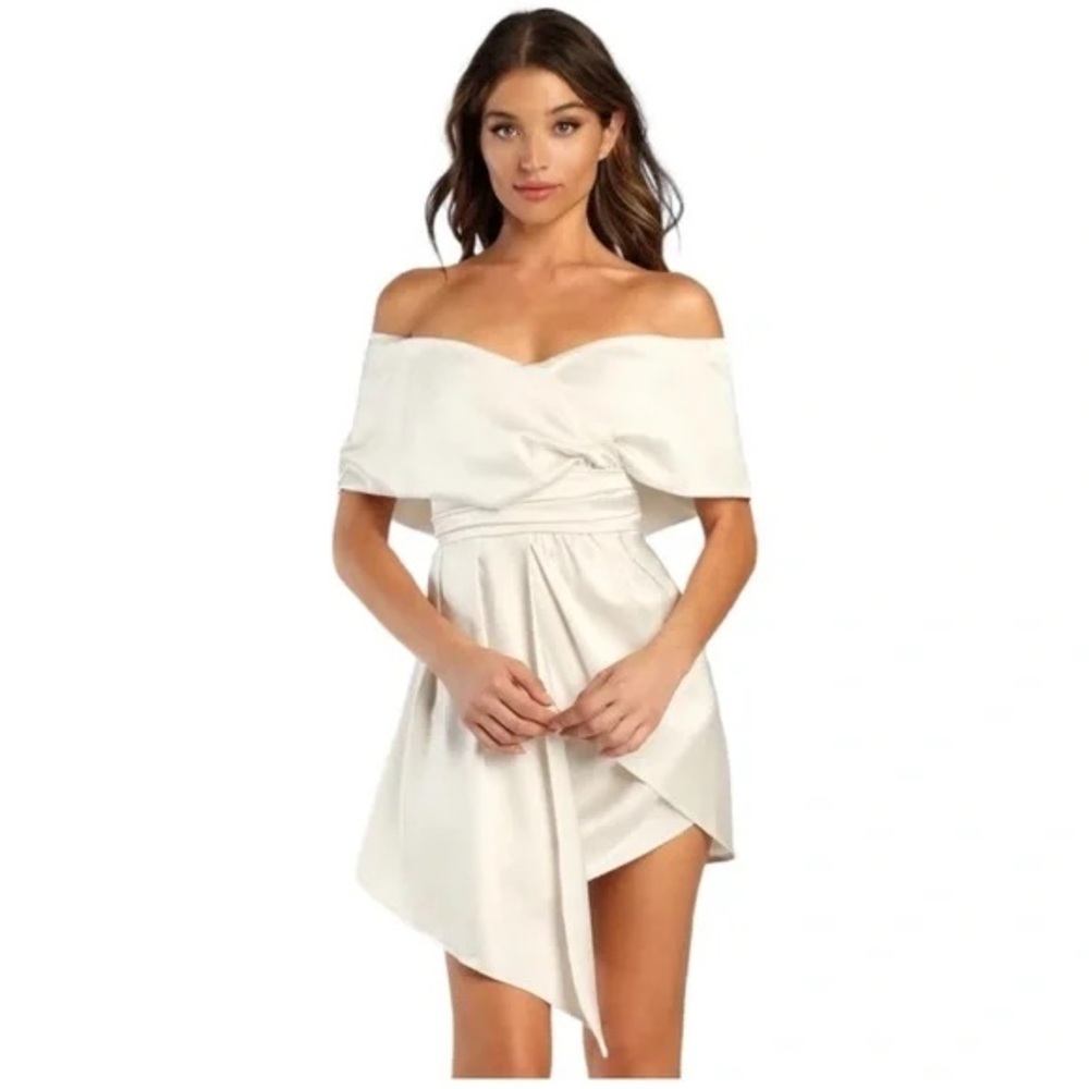 Lulu’s Always Celebrating Ivory Off-Shoulder Satin Dress, Size Large
